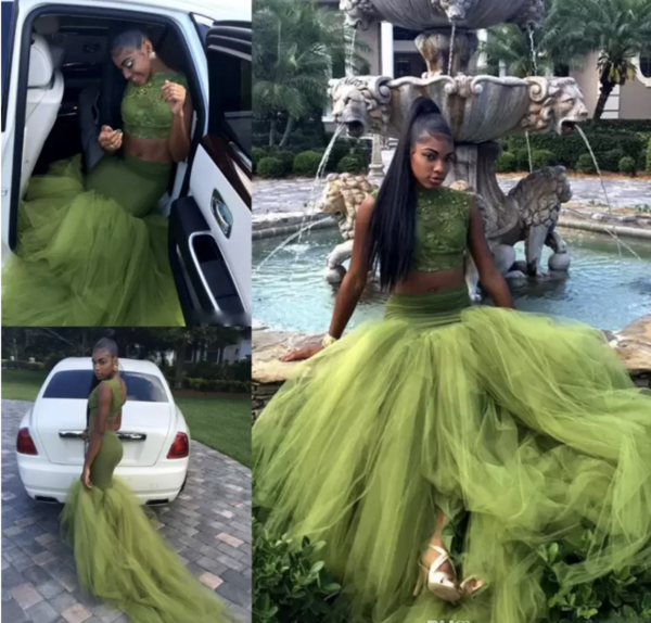 Robe de bal deux pièces vert olive, corsage en dentelle, style africain, robe de soirée pour fille noire Y534