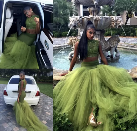 Robe de bal deux pièces vert olive, corsage en dentelle, style africain, robe de soirée pour fille noire Y534