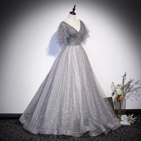 Robe de bal longue en tulle gris à sequins, coupe trapèze, taille 65