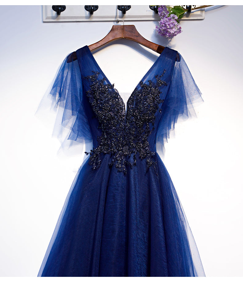 Robe de bal courte en tulle bleu à col en V s94