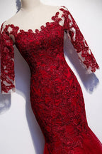 Burgundy lace long prom dress mermaid evening dress s110