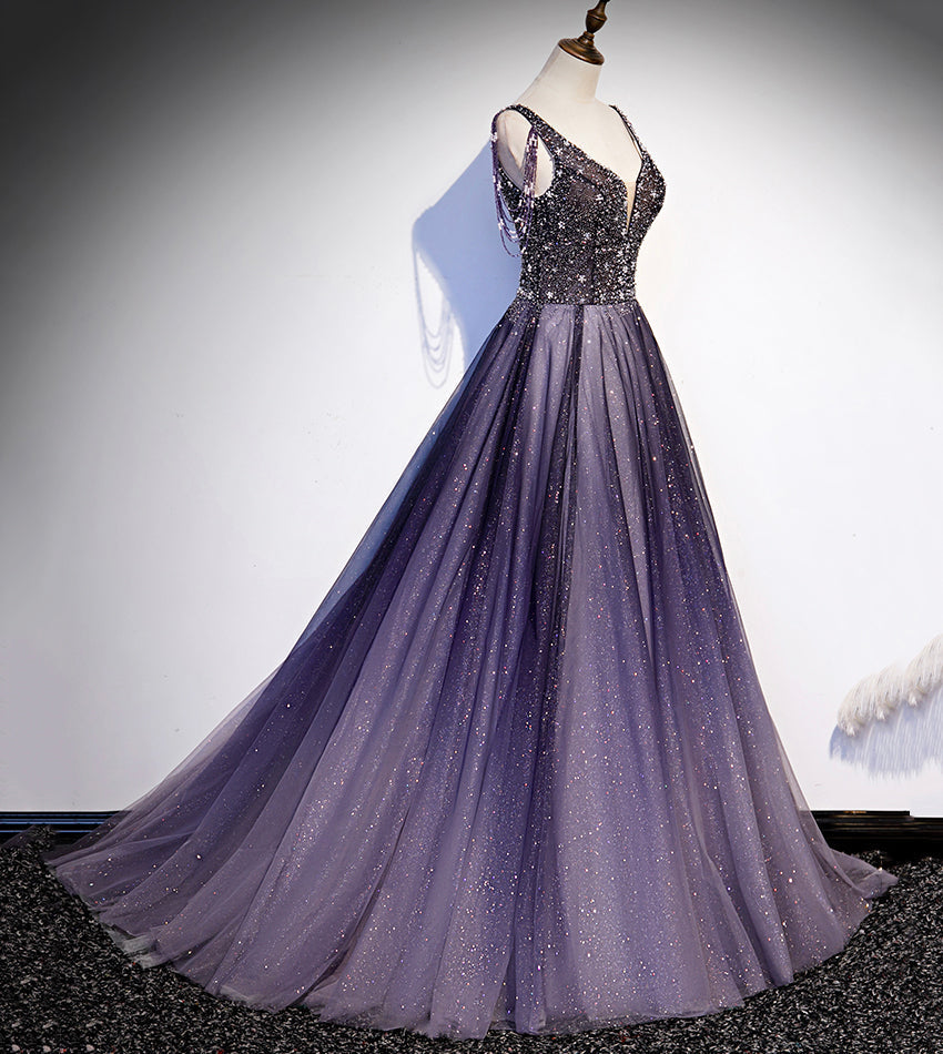 Vestido largo de fiesta de noche con tul morado, escote en V y cuentas, modelo s104
