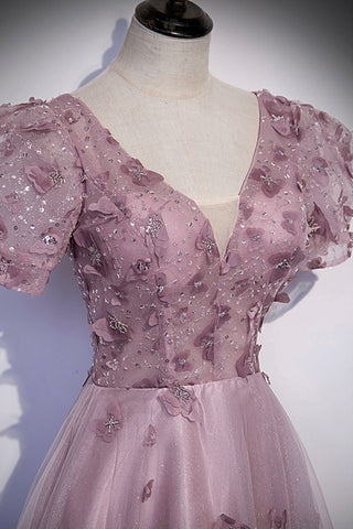 Robe de bal longue en tulle rose à sequins, robe de soirée rose s61