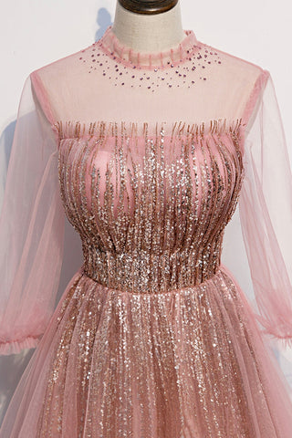 Robe de bal longue en tulle rose à sequins, robe de soirée rose s109