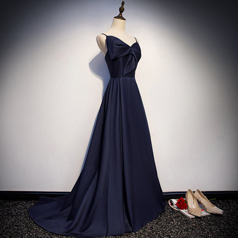 Robe de bal longue en satin bleu foncé, robe de soirée simple s93