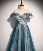 Blue tulle lace long prom dress off shoulder evening dress s105