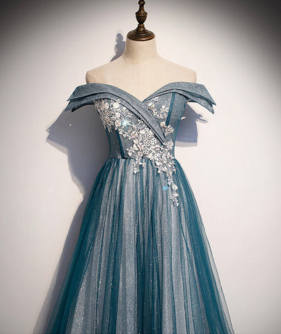 Blue tulle lace long prom dress off shoulder evening dress s105