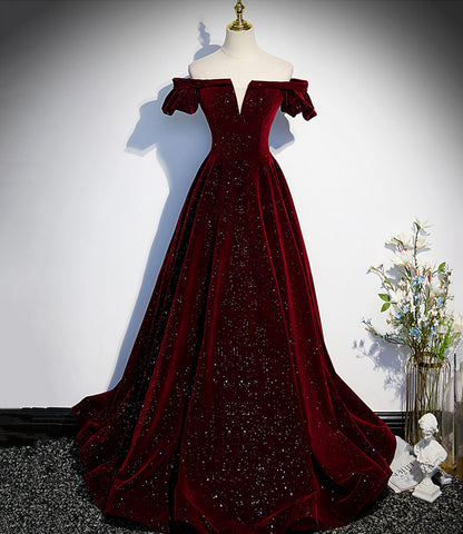 Robe de bal longue en velours bordeaux, robe de soirée trapèze s53