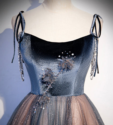 Blue tulle sequins long prom dress evening dress s80