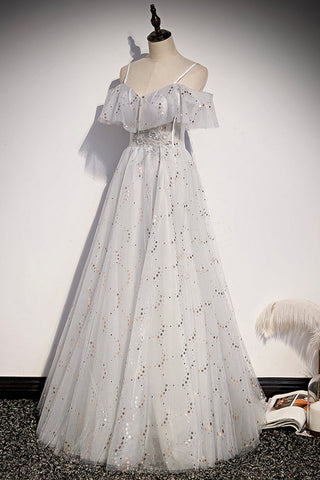 Robe de bal longue en tulle à sequins, coupe trapèze, taille S71