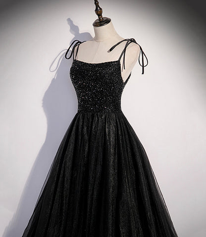 Black tulle beads long prom dress A line evening dress s58