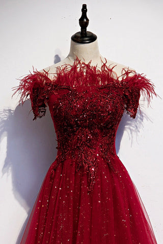 Robe de soirée longue en tulle bordeaux à sequins, coupe trapèze, référence s69