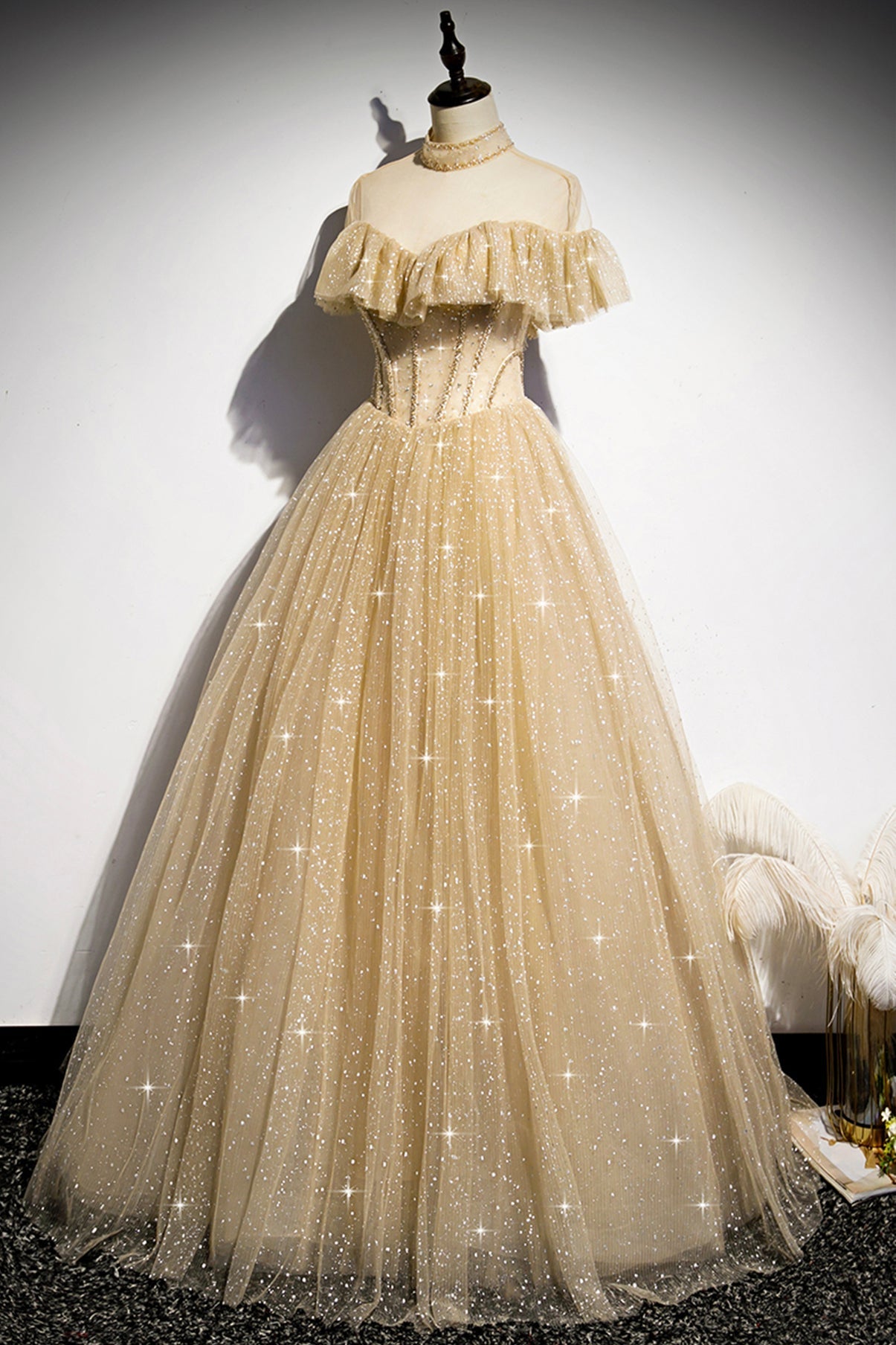 Vestido largo de gala dorado con lentejuelas corte A, vestido formal s78