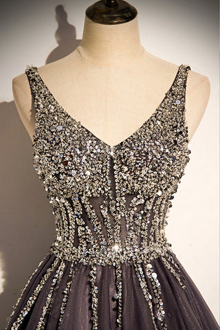 Robe de bal longue en tulle à col en V élégante, robe de soirée trapèze s76