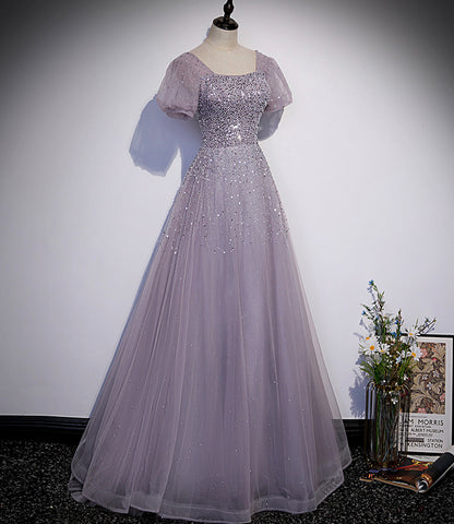 Robe de bal longue en tulle violet ornée de perles, robe de soirée trapèze s59