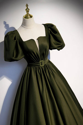 Robe de bal longue en satin vert, coupe trapèze, taille 87