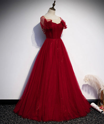 Robe de bal longue en tulle bordeaux, robe de soirée s82