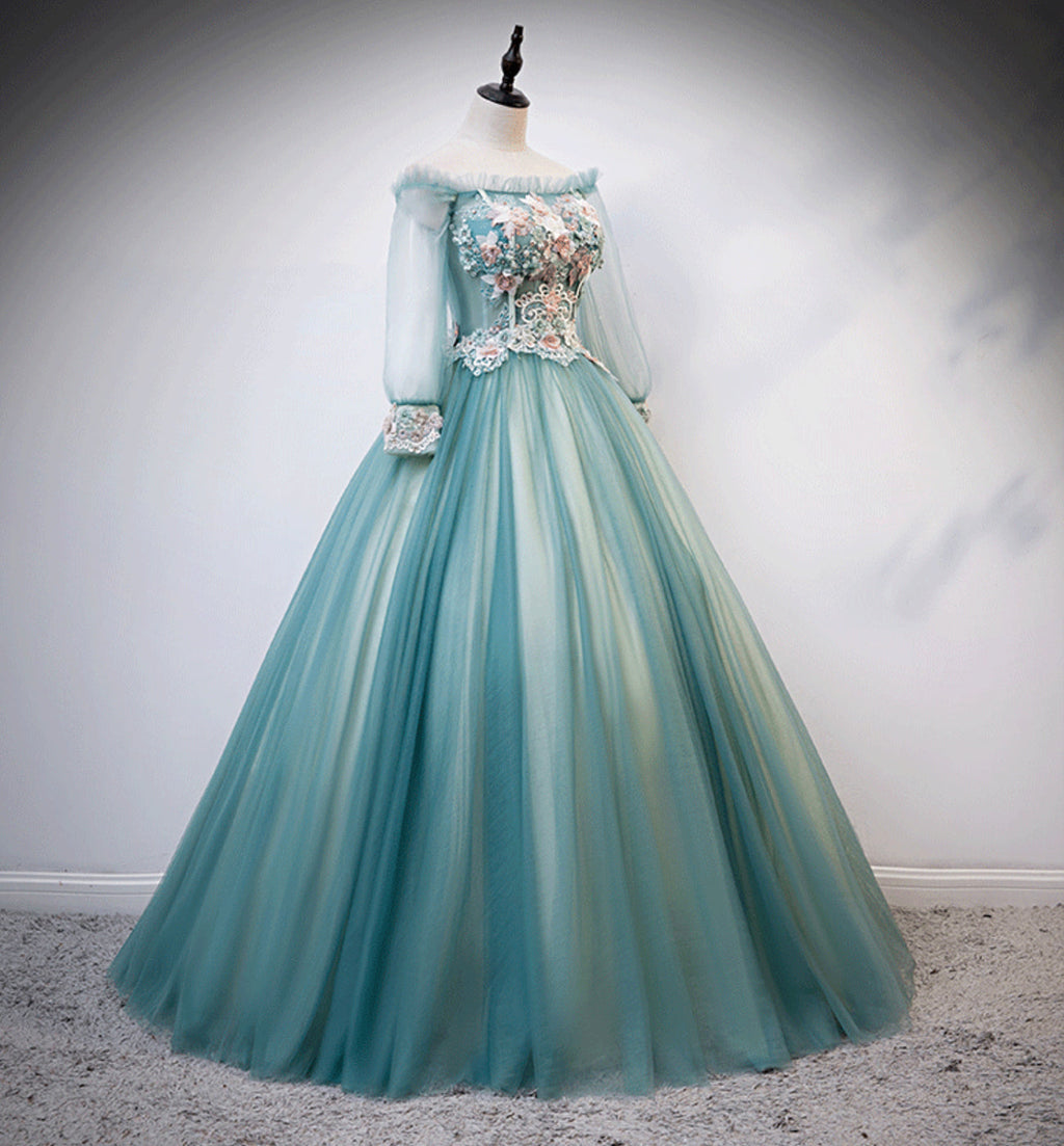 Robe de bal longue en tulle et dentelle verte, robe de soirée s107