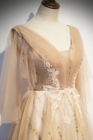 Robe de bal longue en dentelle champagne à col en V, robe de soirée trapèze s77