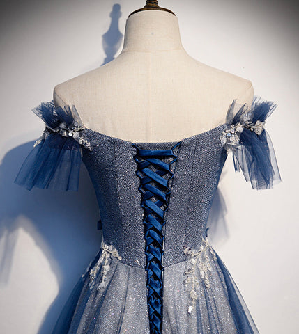 Vestido largo de fiesta azul con lentejuelas y tul brillante, talla s102