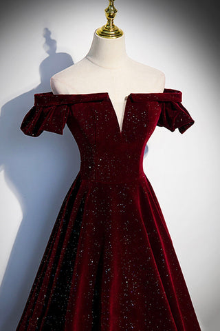 Robe de bal longue en velours bordeaux, robe de soirée trapèze s53