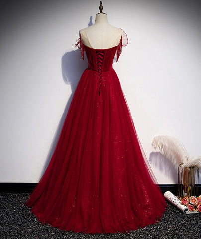 Robe de bal longue en tulle bordeaux, robe de soirée s82