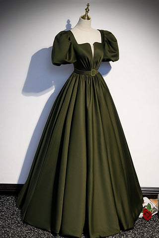 Robe de bal longue en satin vert, coupe trapèze, taille 87
