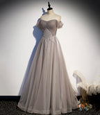 Elegante vestido largo de fiesta de tul y encaje, corte en A, talla 67