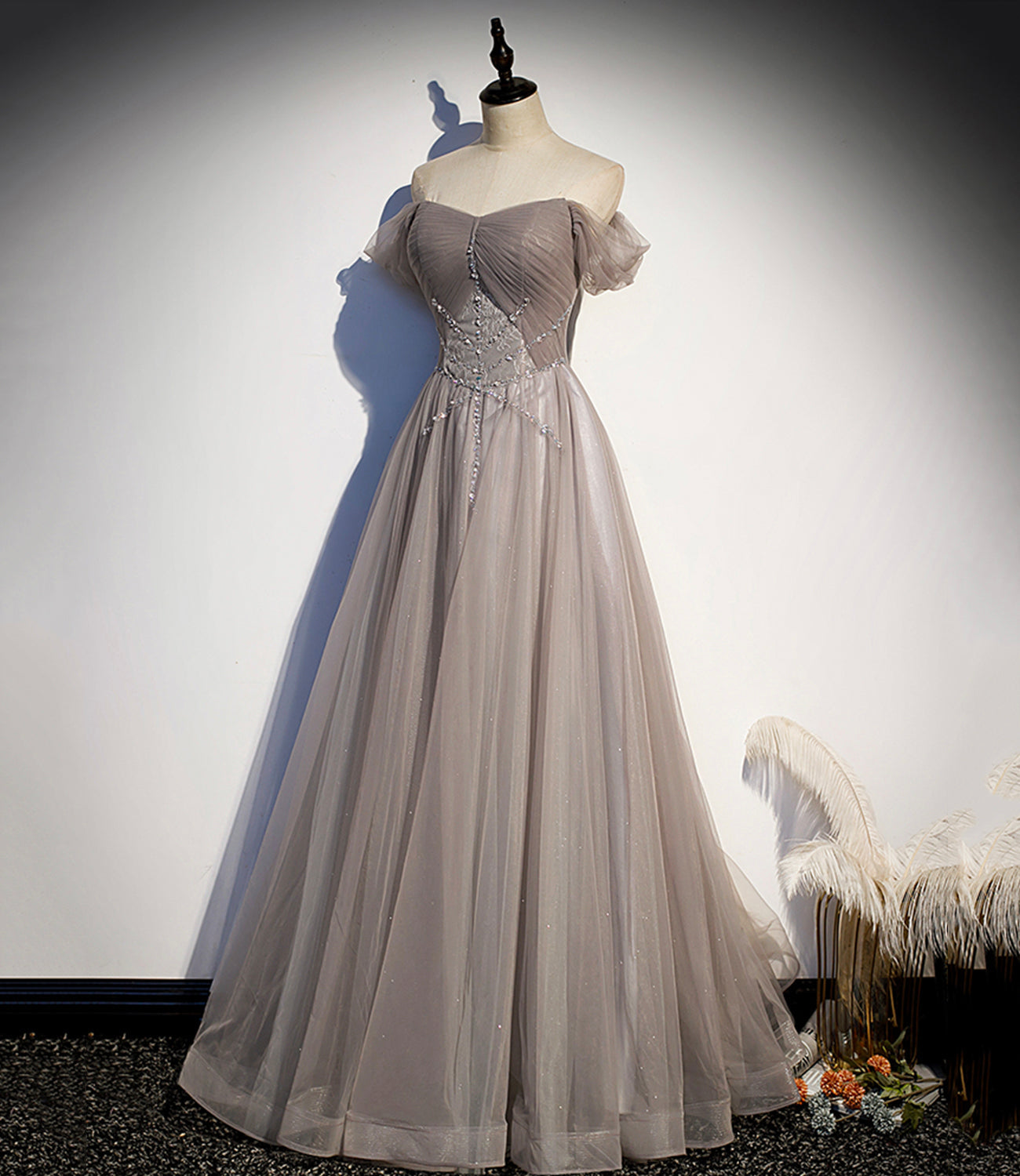 Elegante vestido largo de fiesta de tul y encaje, corte en A, talla 67
