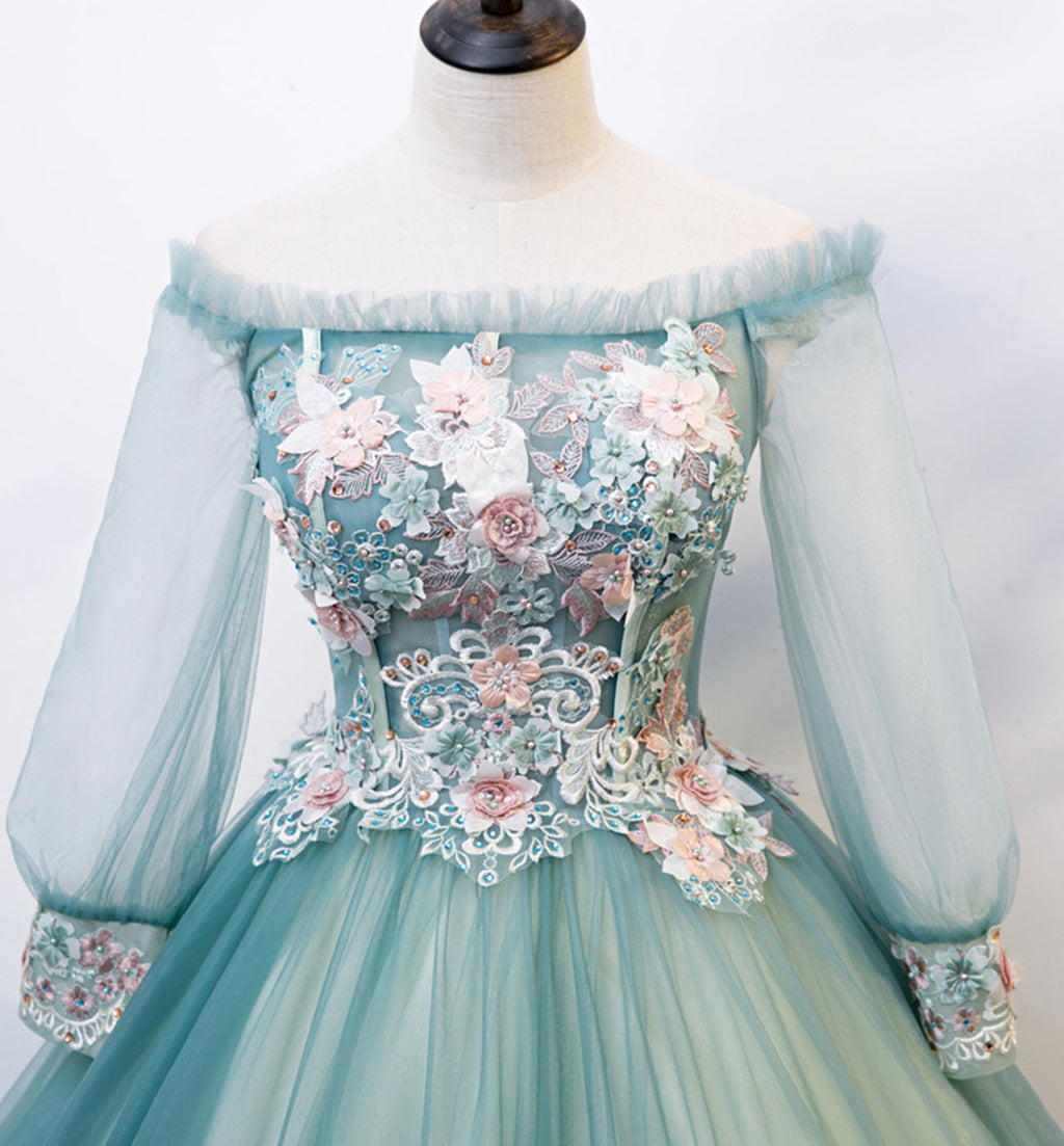 Robe de bal longue en tulle et dentelle verte, robe de soirée s107