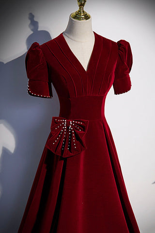 Robe de bal longue bordeaux à col en V, robe de soirée trapèze s54