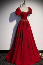 Burgundy A-line satin long prom dress evening dress s85