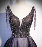 Vestido largo de fiesta de noche con tul morado, escote en V y cuentas, modelo s104