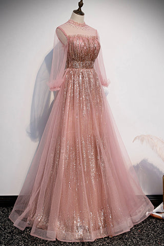 Robe de bal longue en tulle rose à sequins, robe de soirée rose s109