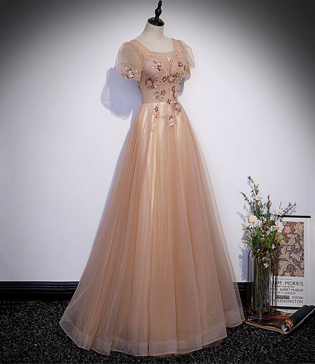 Cute tulle beads long prom dress A line evening gown s63