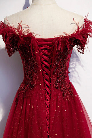Robe de soirée longue en tulle bordeaux à sequins, coupe trapèze, référence s69