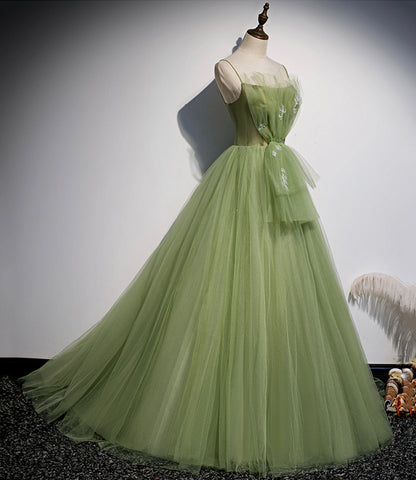 Robe de bal longue en tulle vert, robe de soirée trapèze s56