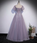 Vestido largo de fiesta de tul morado con cuentas, corte en A, talla 59