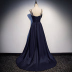 Dark blue satin long prom dress, simple evening dress s93
