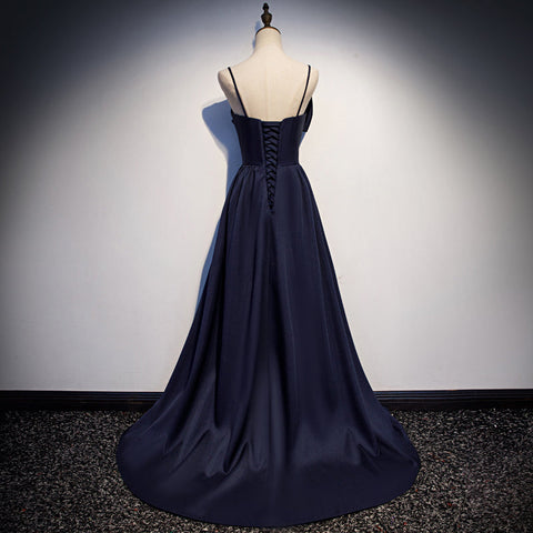Robe de bal longue en satin bleu foncé, robe de soirée simple s93