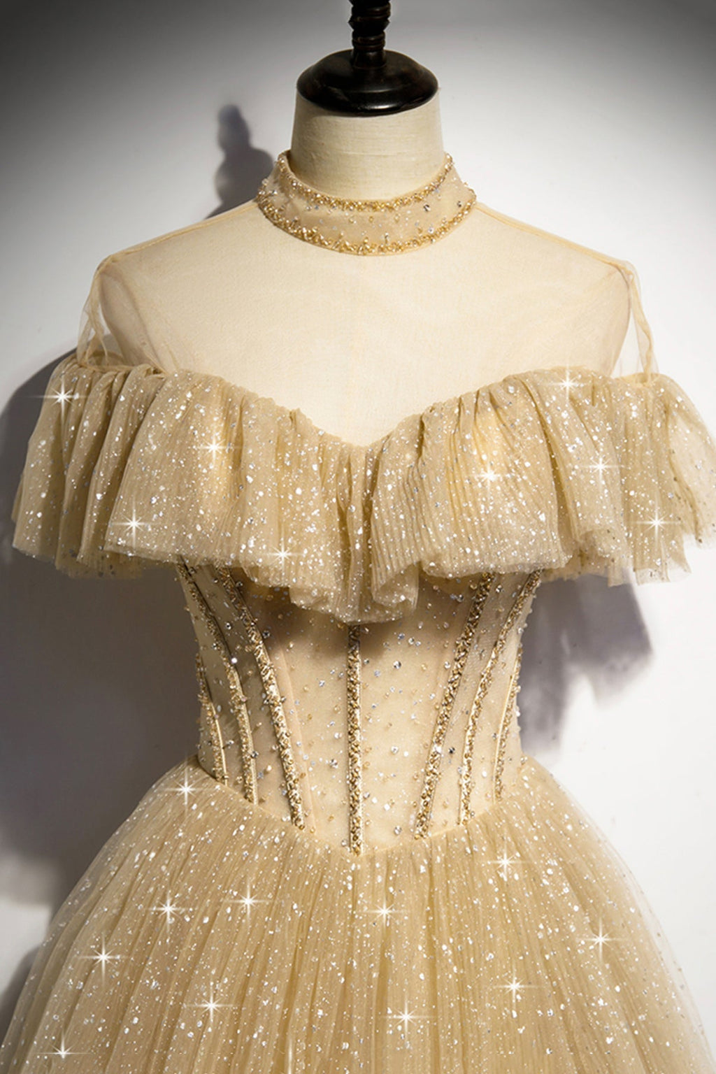 Robe de bal longue à sequins dorés, coupe trapèze, référence 78