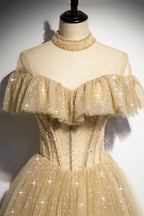 Robe de bal longue à sequins dorés, coupe trapèze, référence 78