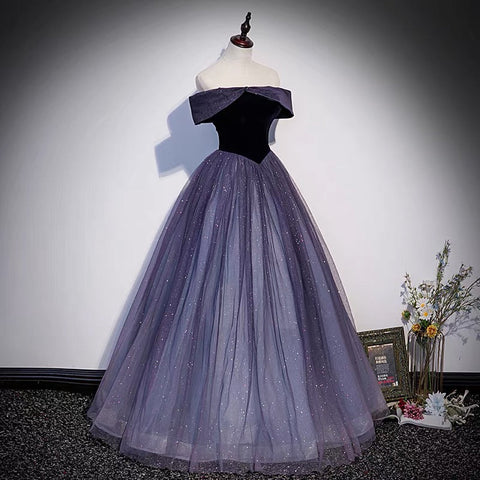 Robe de bal longue en tulle violet, robe de soirée trapèze s66