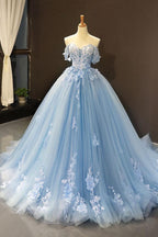 Vestido de baile elegante con hombros descubiertos y apliques de encaje azul Y1578
