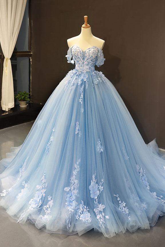 Vestido de baile elegante con hombros descubiertos y apliques de encaje azul Y1578