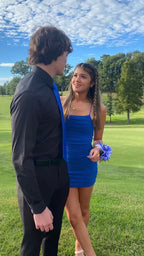 Robe bleu roi sans manches, robe de bal mignonne, mini-robe Y1619