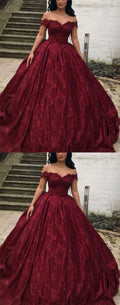 Charming Burgundy Lace Ball Gown Off Shoulder  Wedding Dresses Y1564