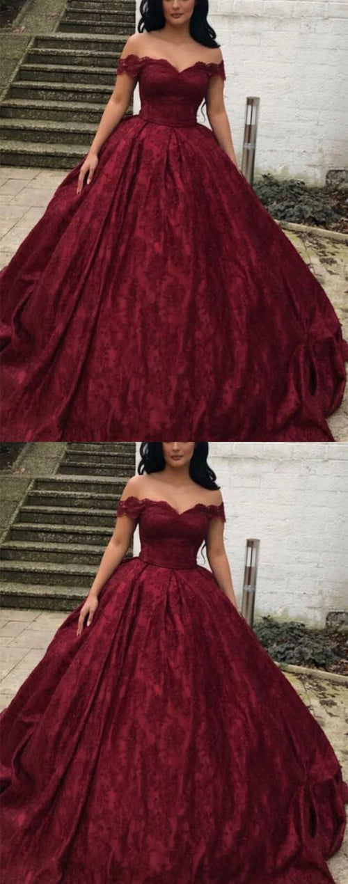 Charming Burgundy Lace Ball Gown Off Shoulder  Wedding Dresses Y1564
