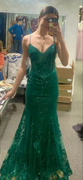 Vestidos de fiesta de sirena sexys con tirantes finos y apliques verdes Y1852