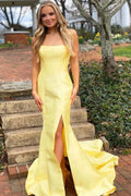 Robe de bal longue sirène jaune simple en satin, Robe de soirée longue sirène jaune simple en satin Y1887